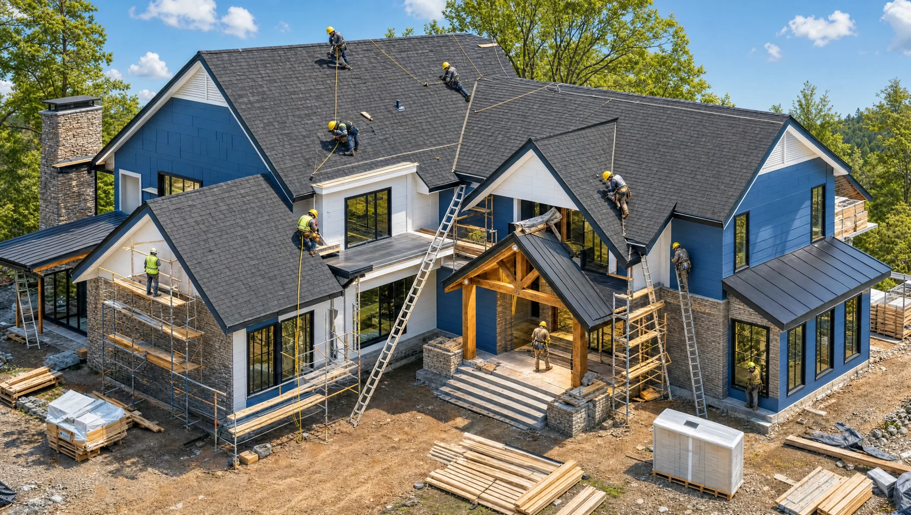 AI-generated construction team completing exterior systems