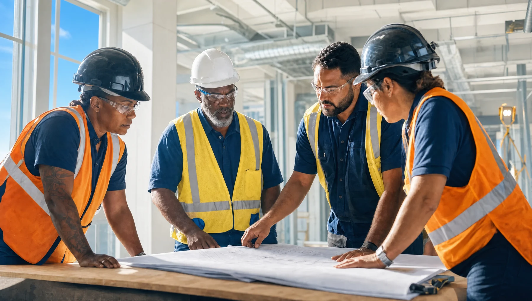 AI-generated diverse construction team reviewing project plans