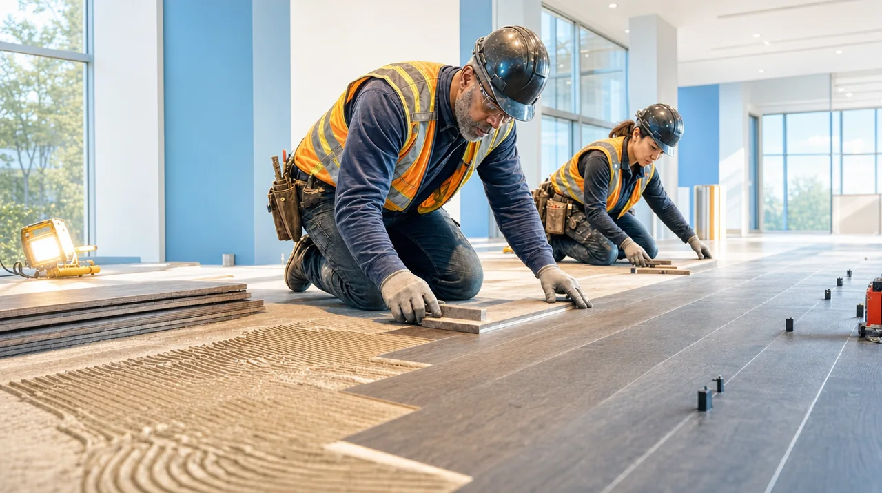 Flooring: AI-generated cinematic construction scene